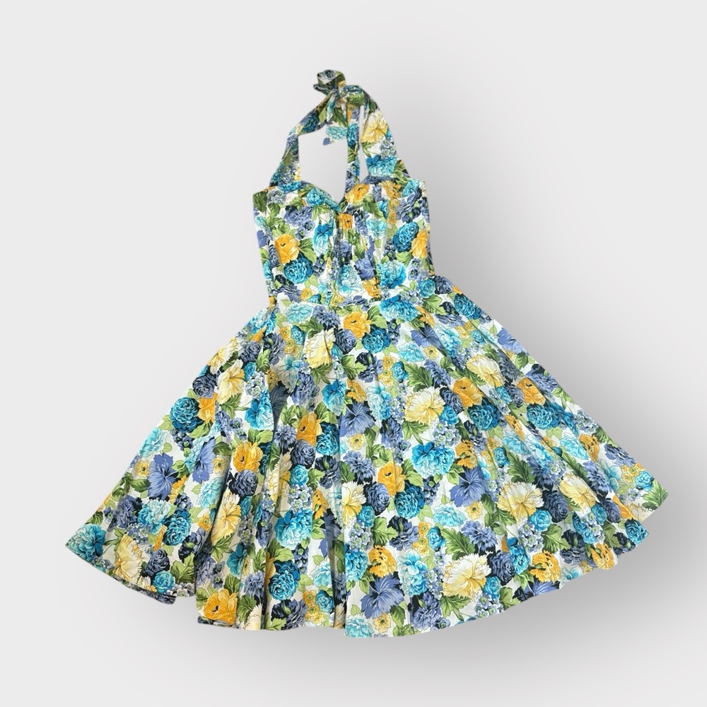 Fifties Chic Blue Yellow Floral Halter Fifties Swing Dress - 100% Cotton